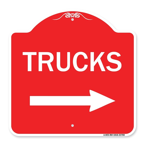 Signmission Trucks Sign Trucks W/ Right Arrow, Red & White Aluminum Architectural Sign, 18" x 18", RW-1818-22780 A-DES-RW-1818-22780 - main
